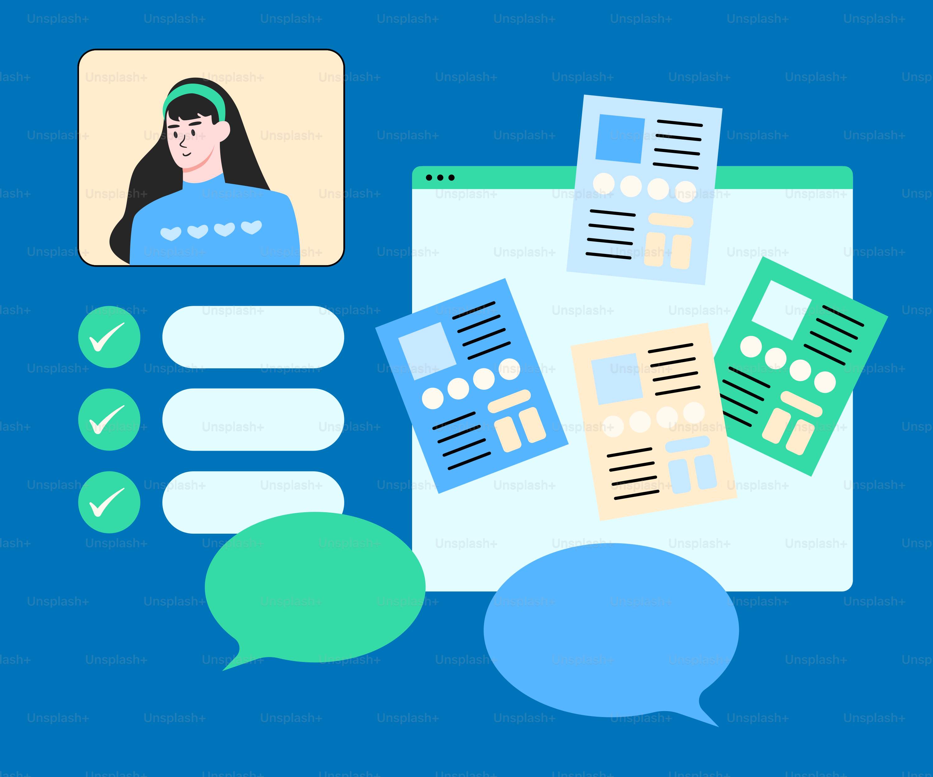 a computer screen with a woman and a speech bubble