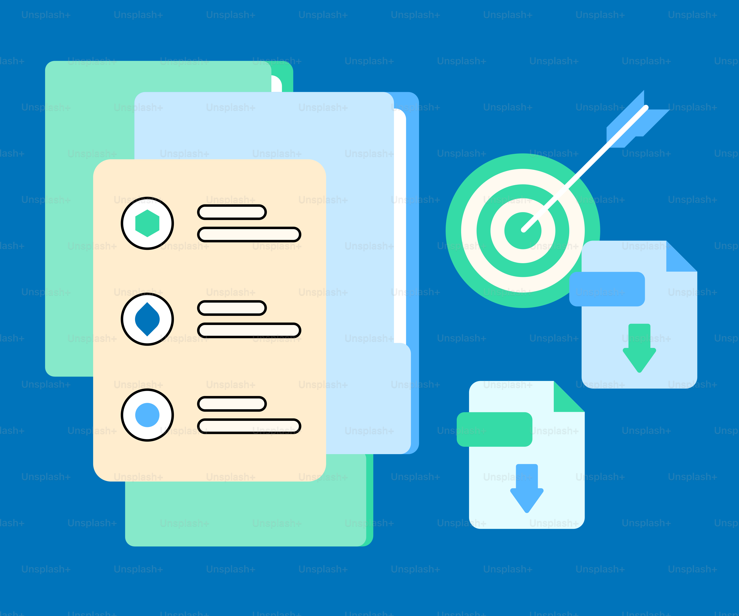 a blue background with an arrow and a paper with an arrow pointing to a target