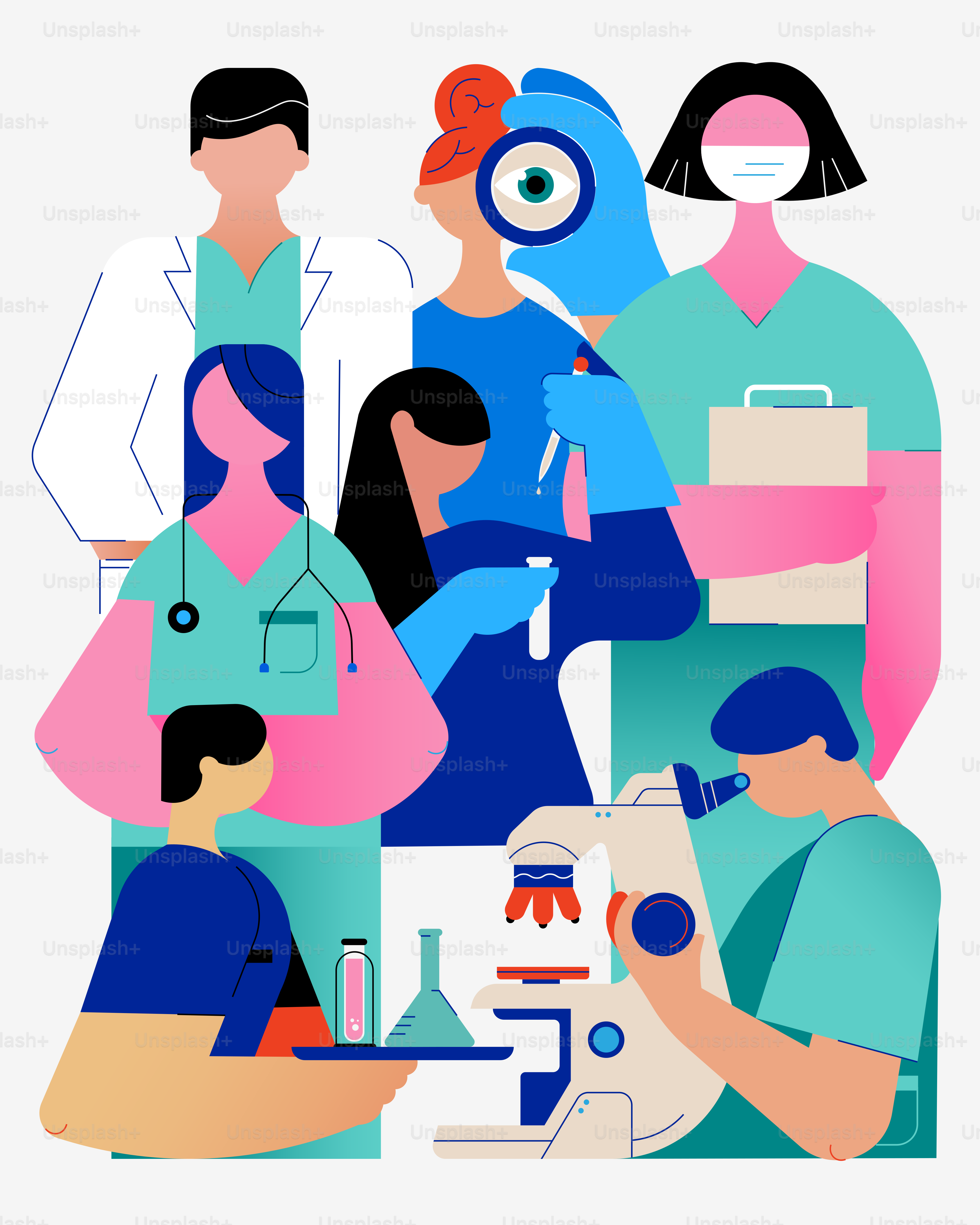 un gruppo di persone in piedi attorno a un microscopio