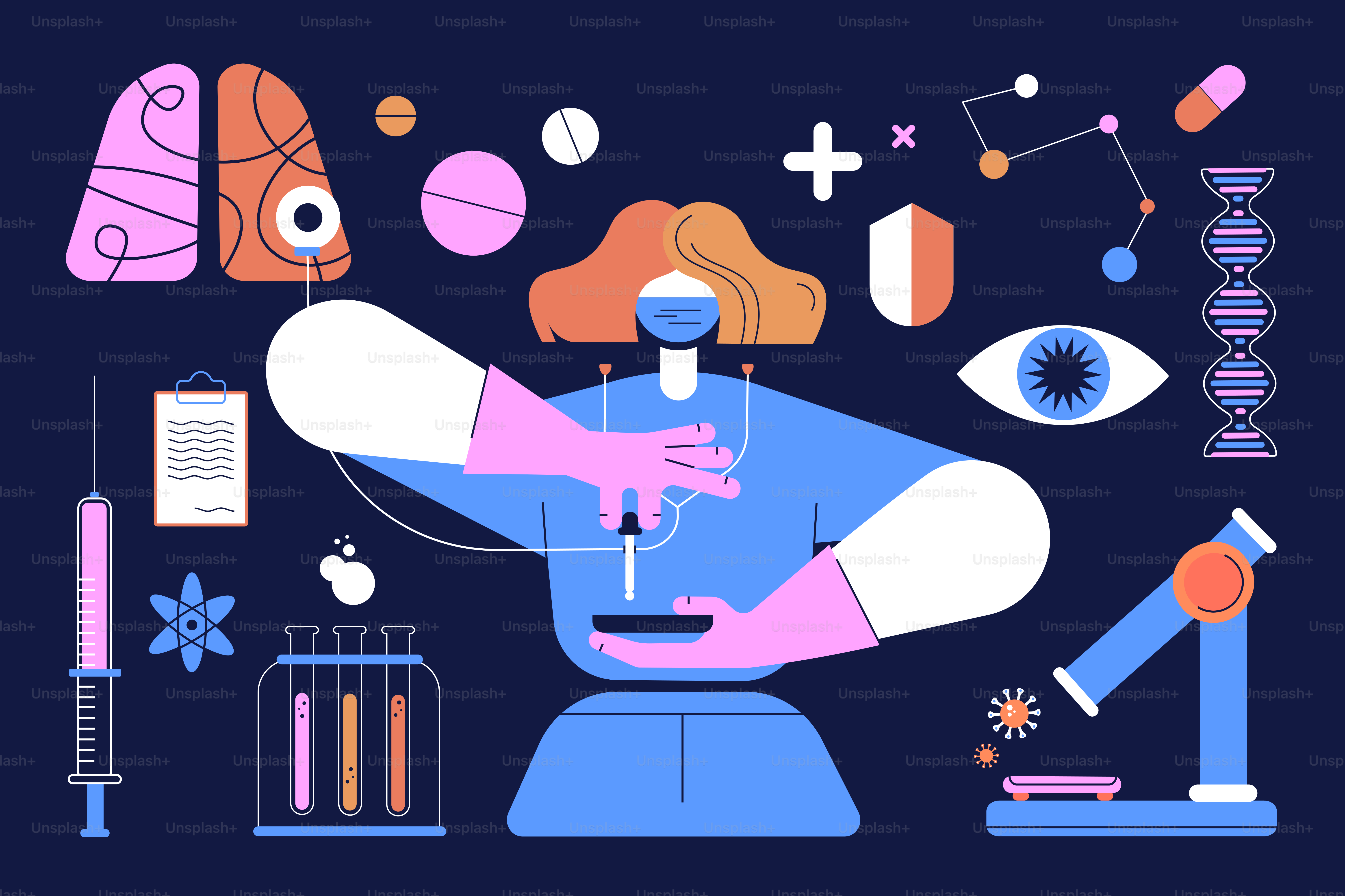 Una donna con una camicia blu sta usando un microscopio