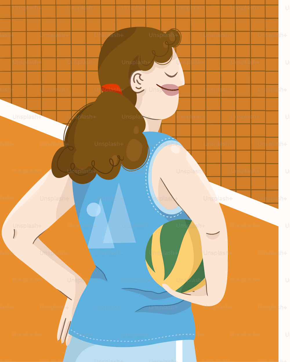 eine Frau in einem blauen Kleid hält einen Volleyball in der Hand
