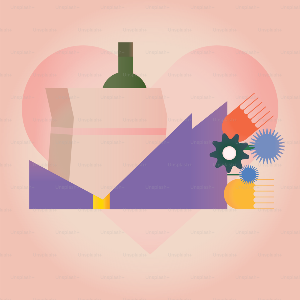 a heart with a bottle of wine and gears