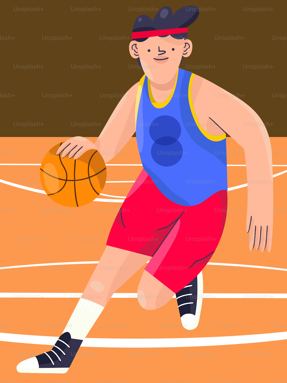 a man in a blue shirt and red shorts holding a basketball