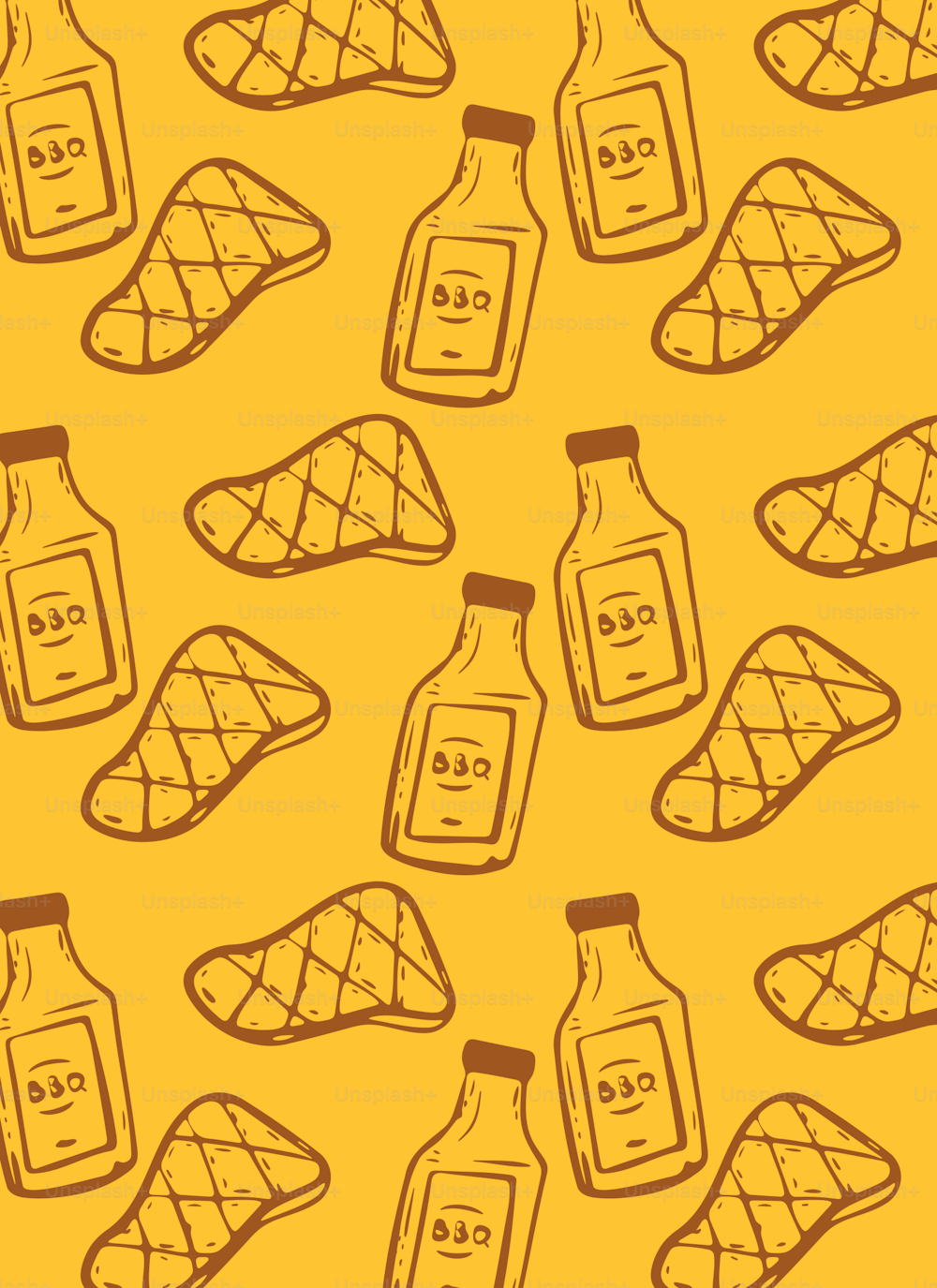 a yellow background with a pattern of bottles and slices of bread