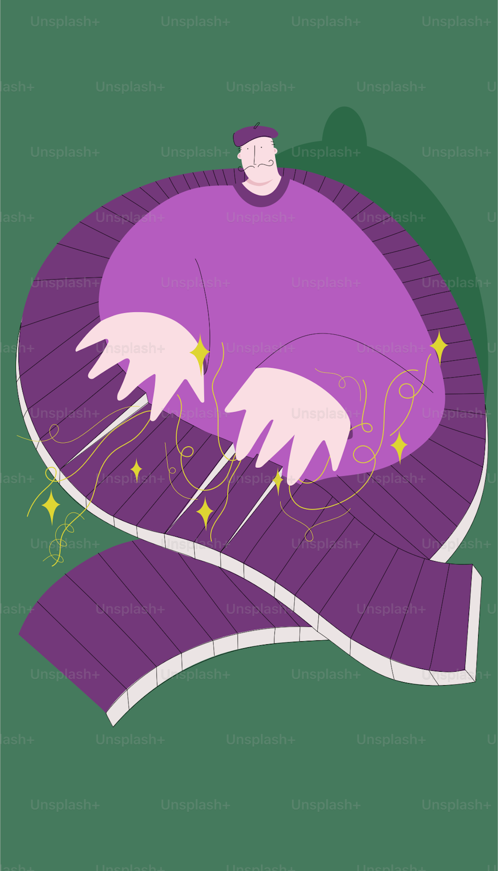 Un dibujo de una persona acostada encima de un objeto púrpura