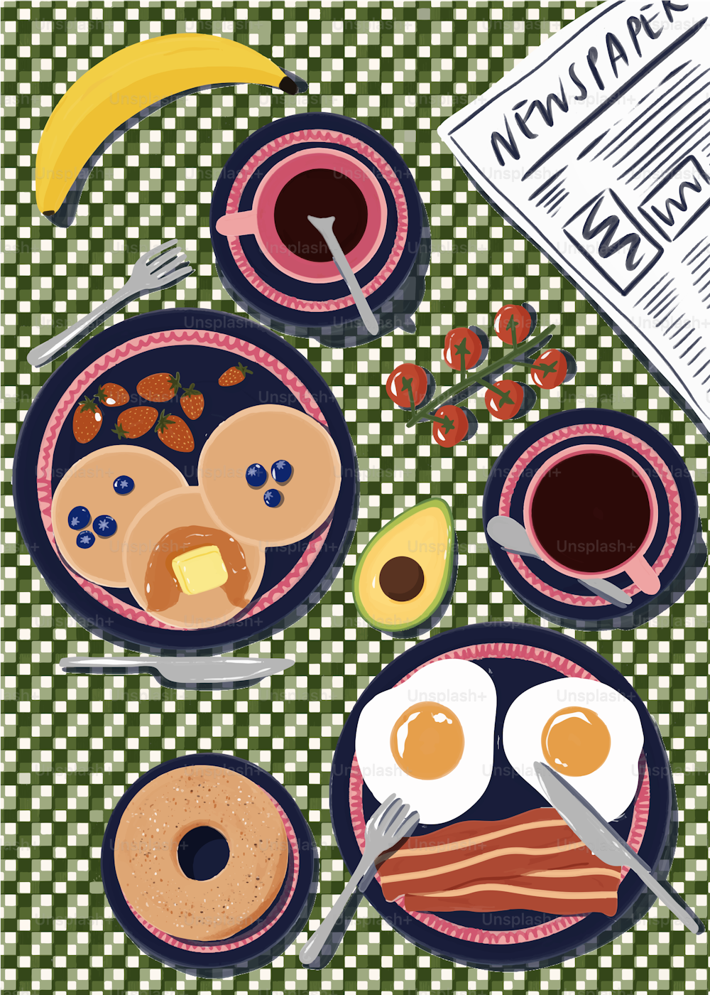 una mesa cubierta con platos de alimentos para el desayuno