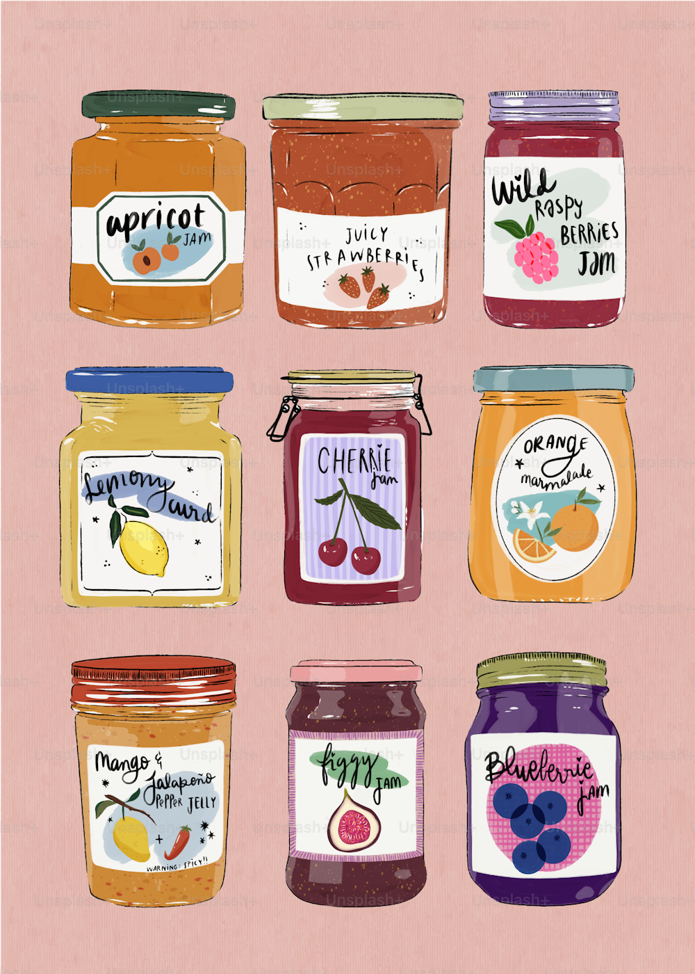 a painting of jars of jams on a pink background