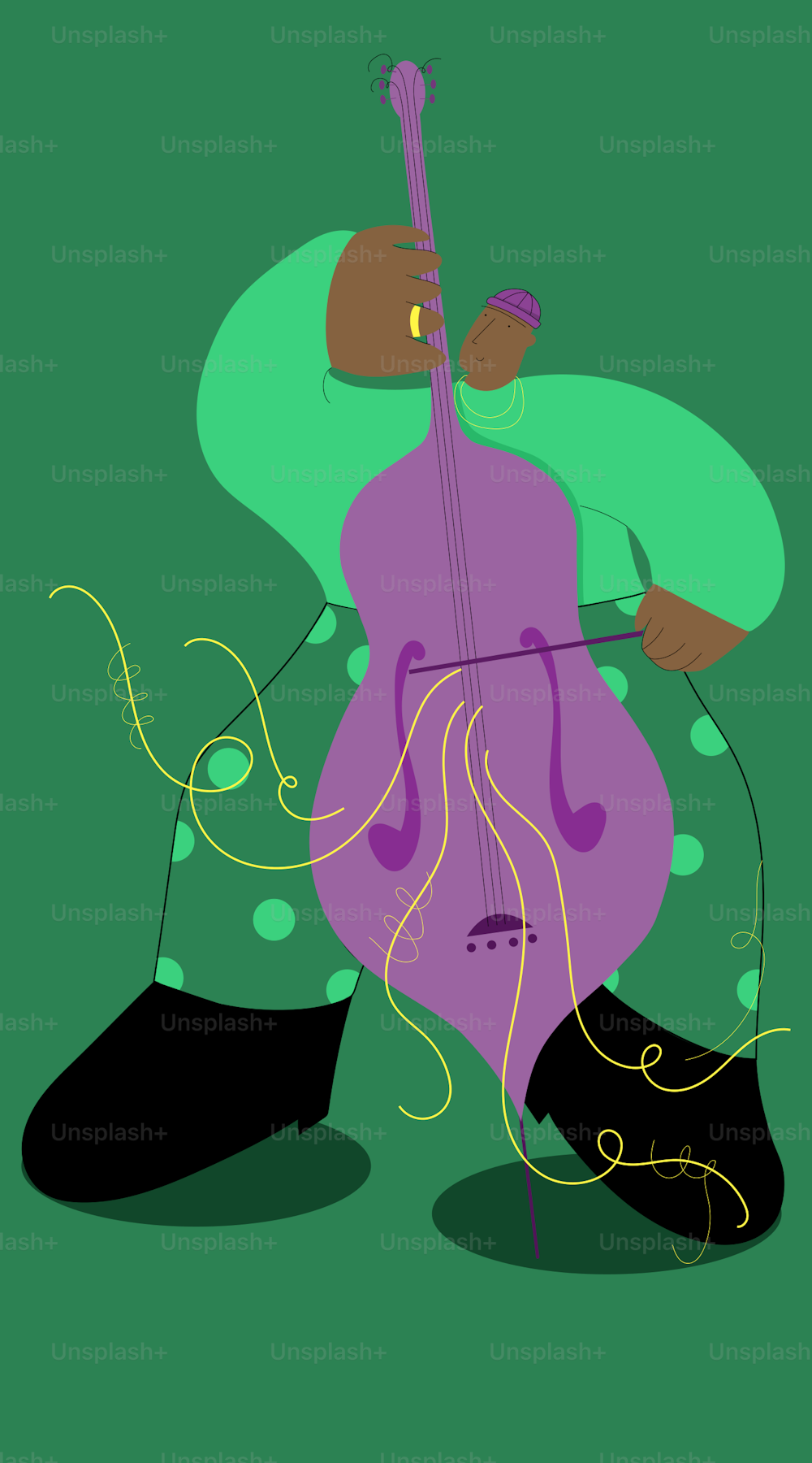 a person with a purple guitar on a green background