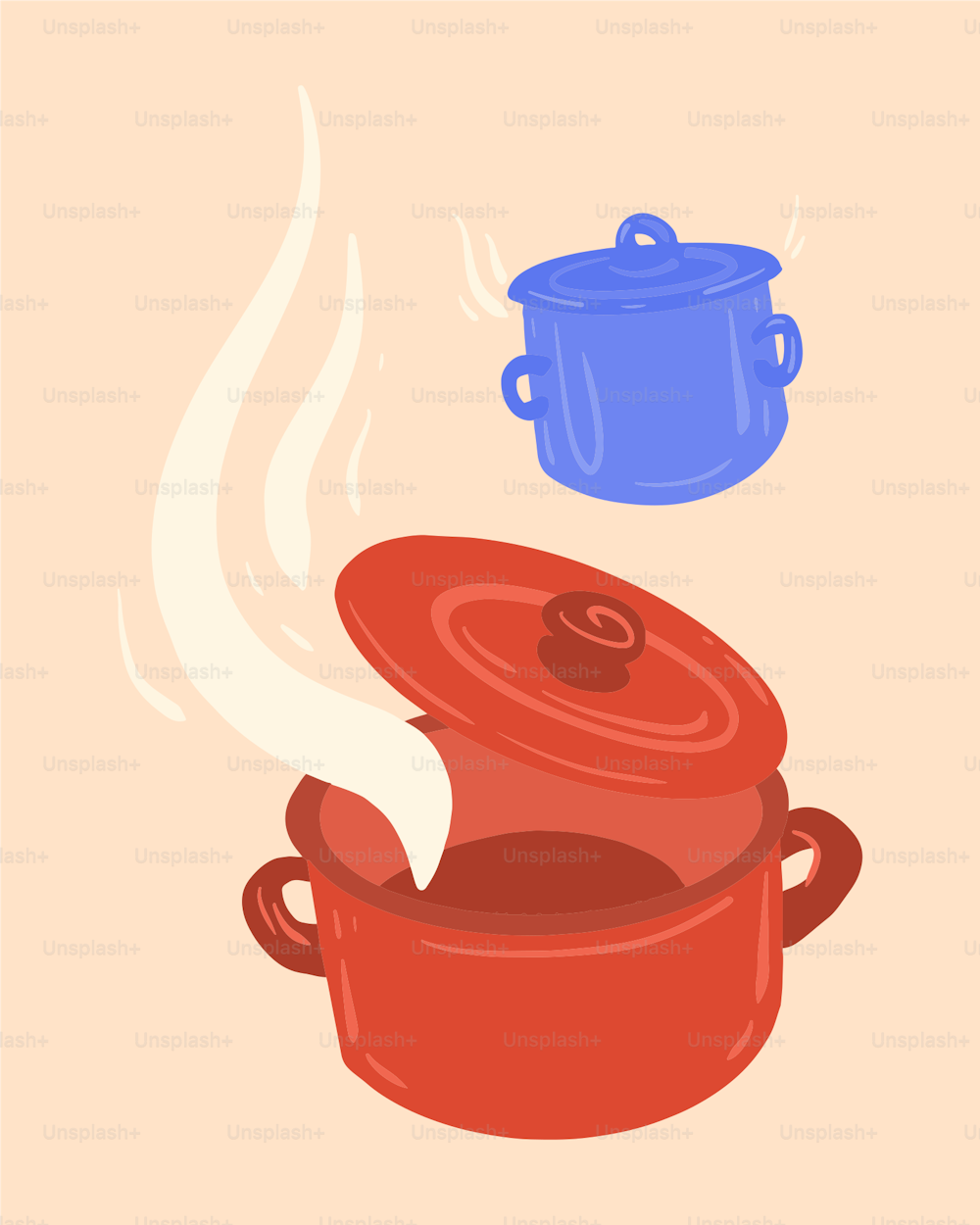 a red pot with a steaming lid and a blue pot with a steaming lid