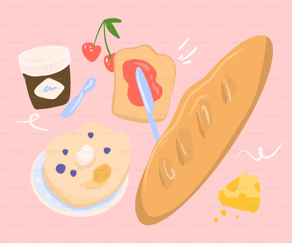 a flat lay of bread, jam, and jelly on a pink background