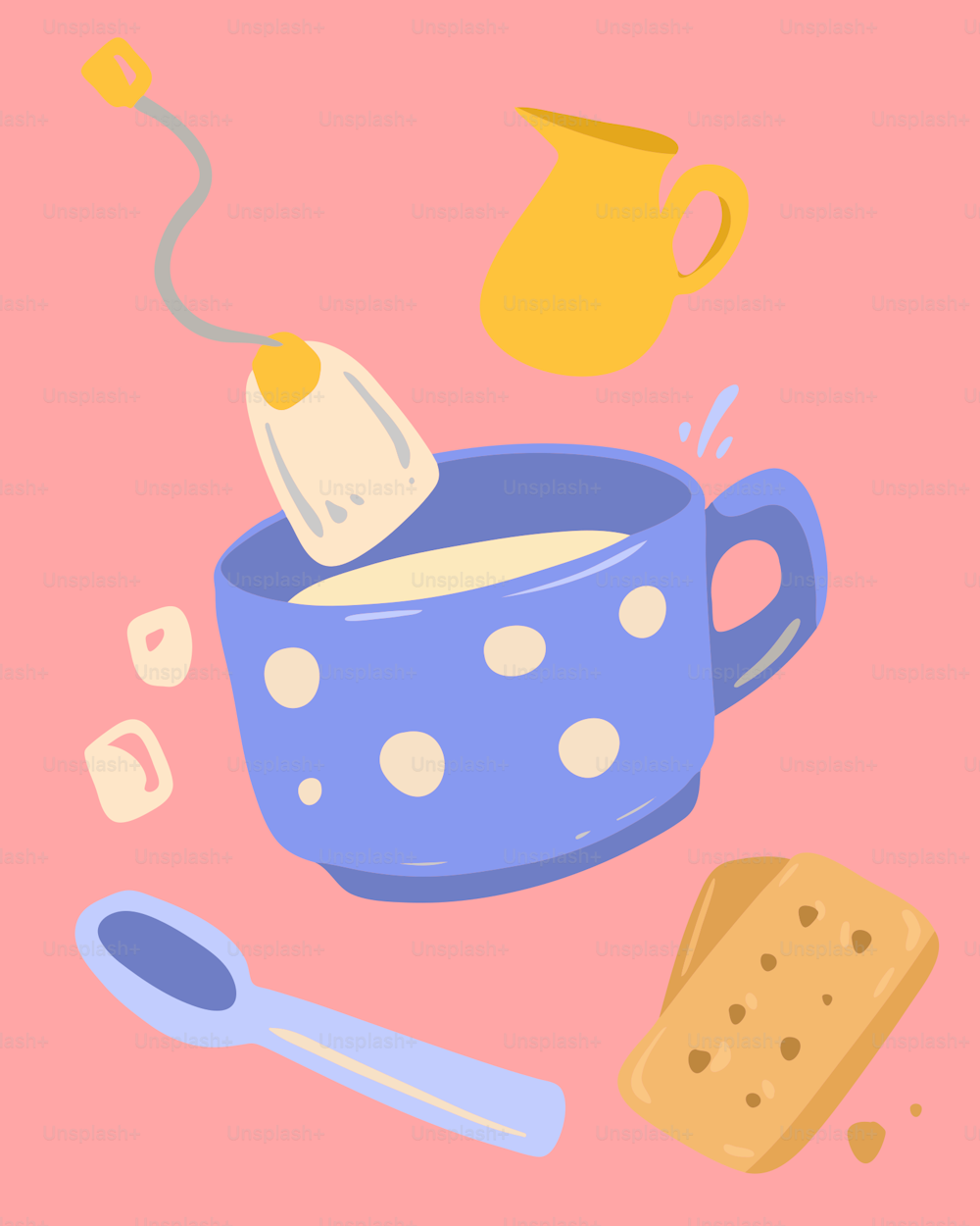 eine Tasse Milch und ein Keks auf rosa Hintergrund