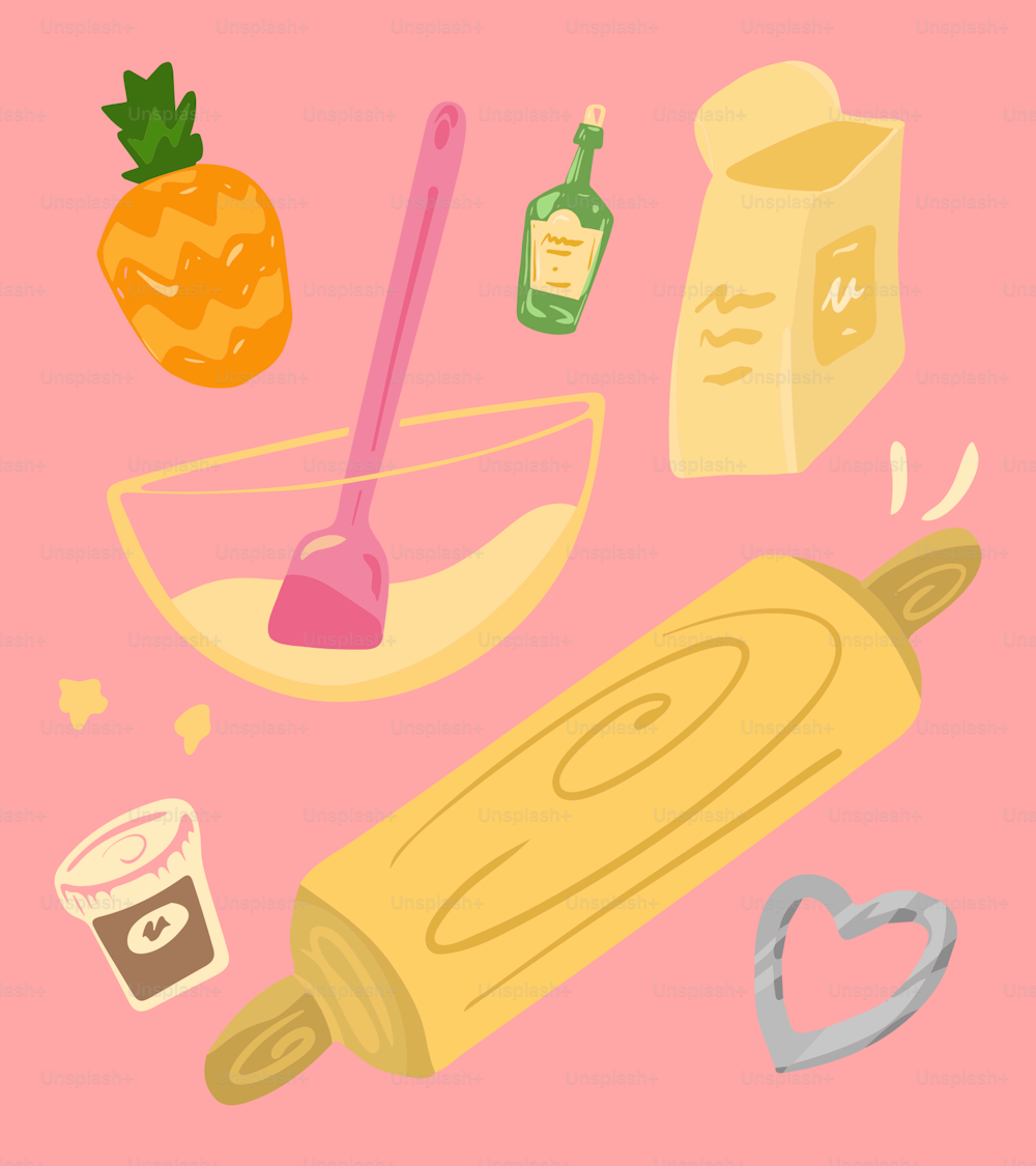 a pink background with ingredients for a cake