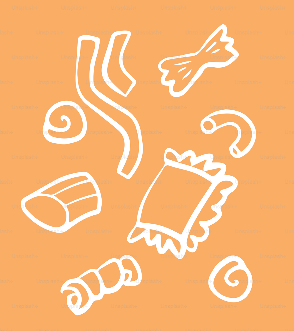 an orange background with white outline drawings of food items