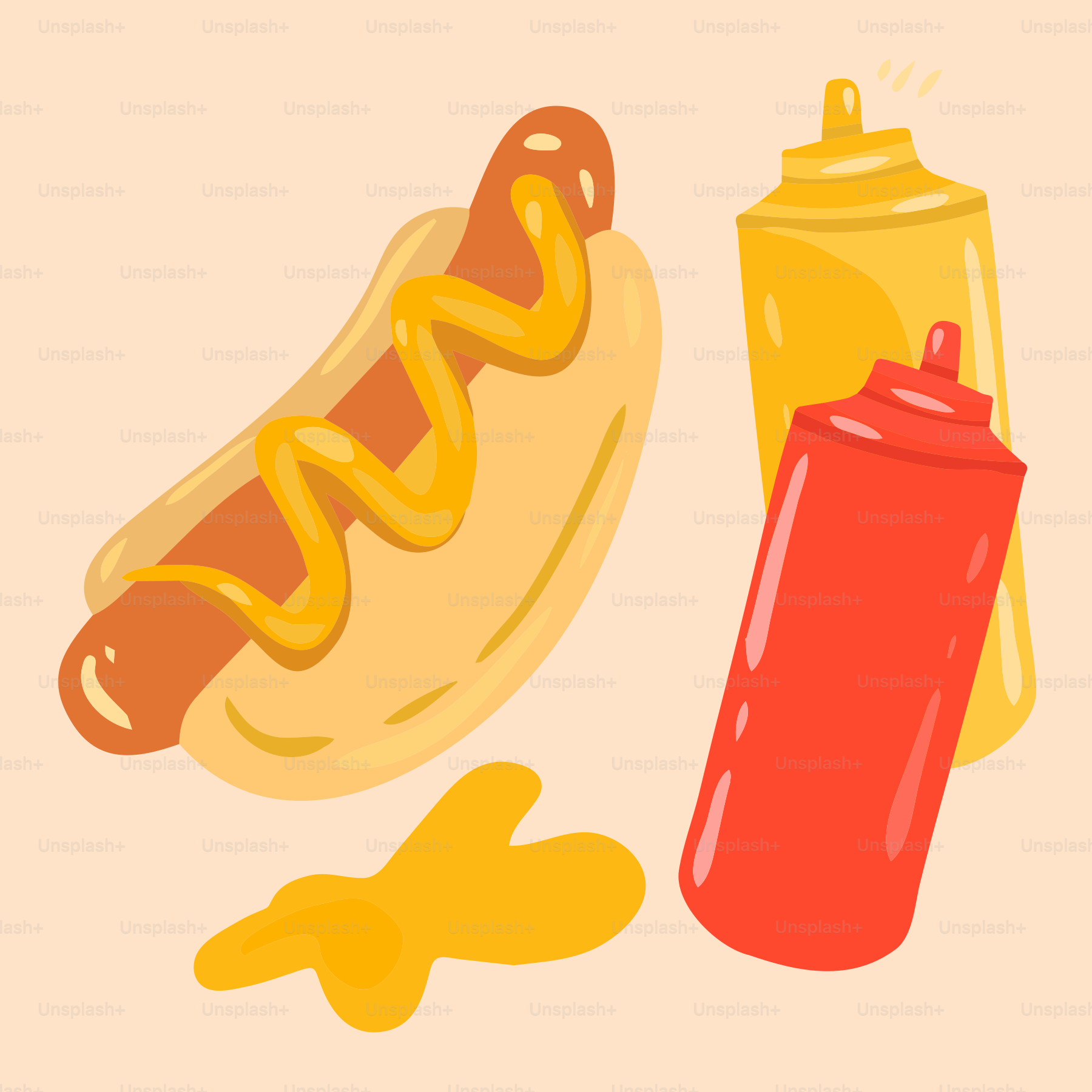 Ein Hotdog mit Senf und Ketchup neben einer Dose Senf