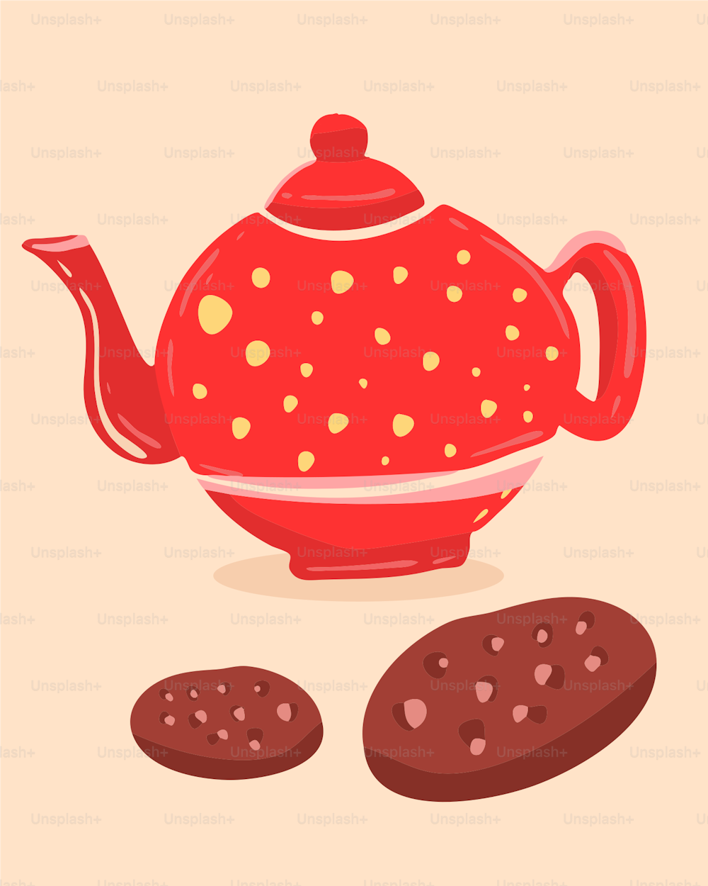a red teapot with a cookie next to it