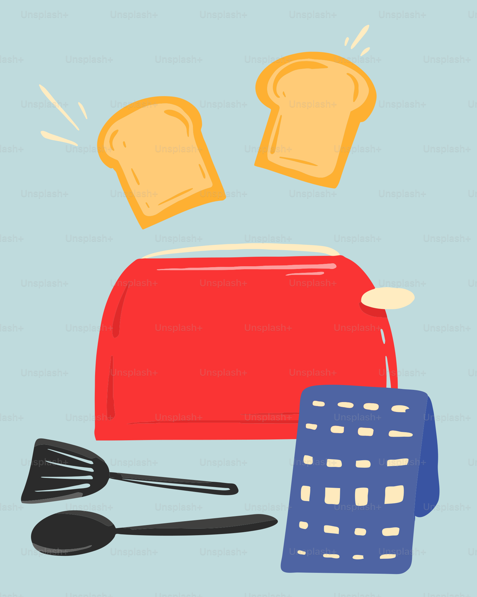a toaster, spatula, and spatula on a blue background