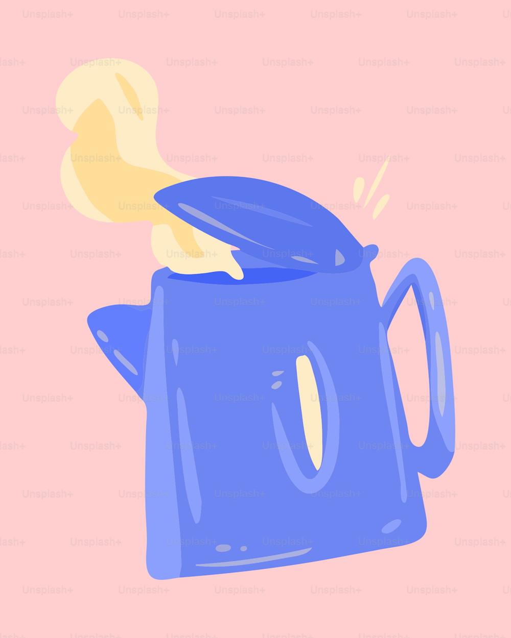 a drawing of a blue teapot with a yellow flame coming out of it