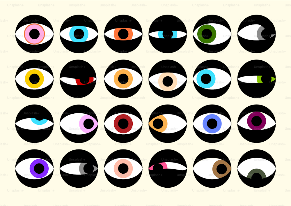 a large group of different colored eyes on a white background