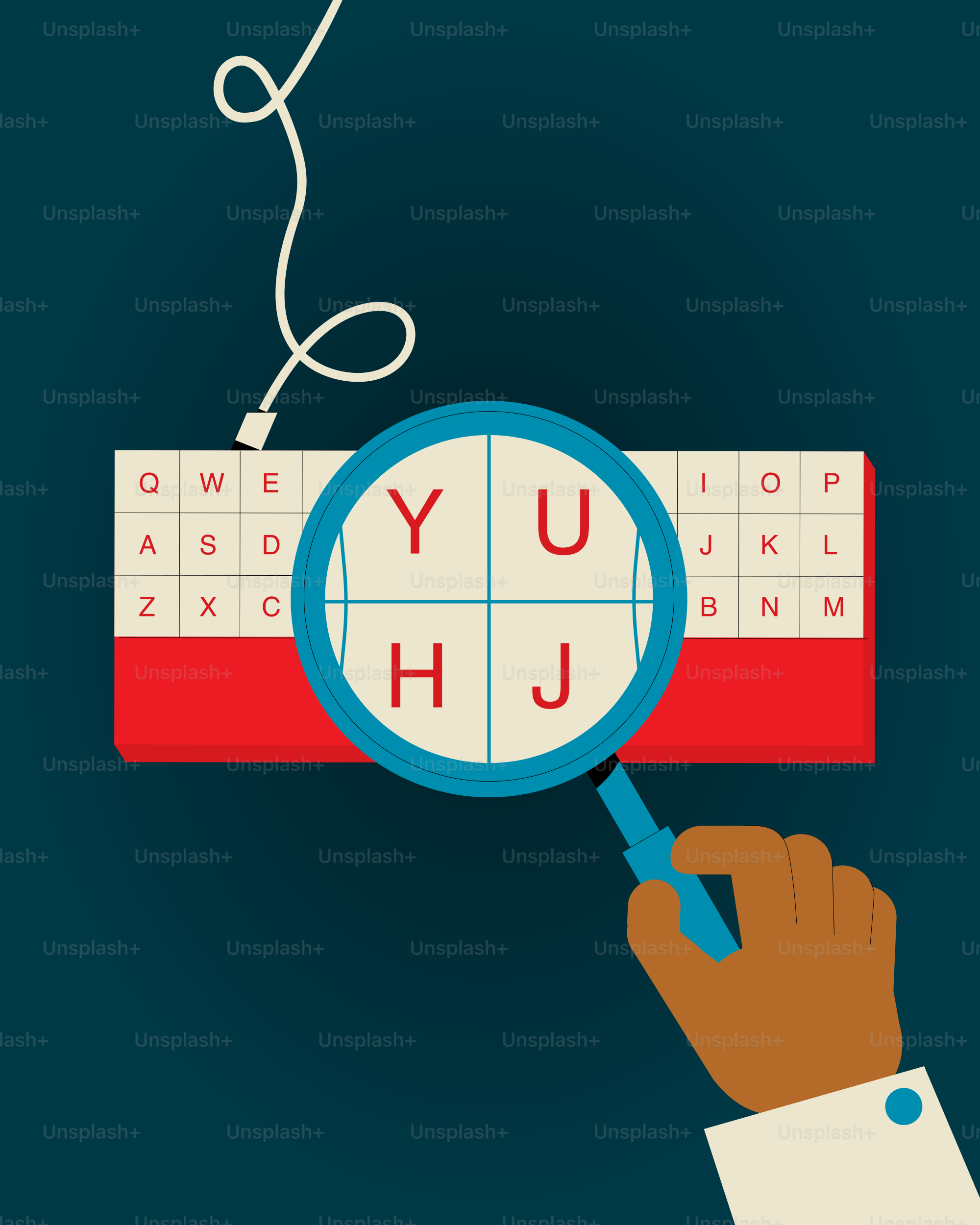 uma mão segurando uma lupa sobre um teclado