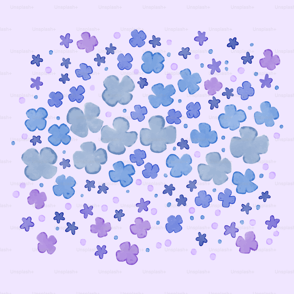 a bunch of blue and purple flowers on a white background