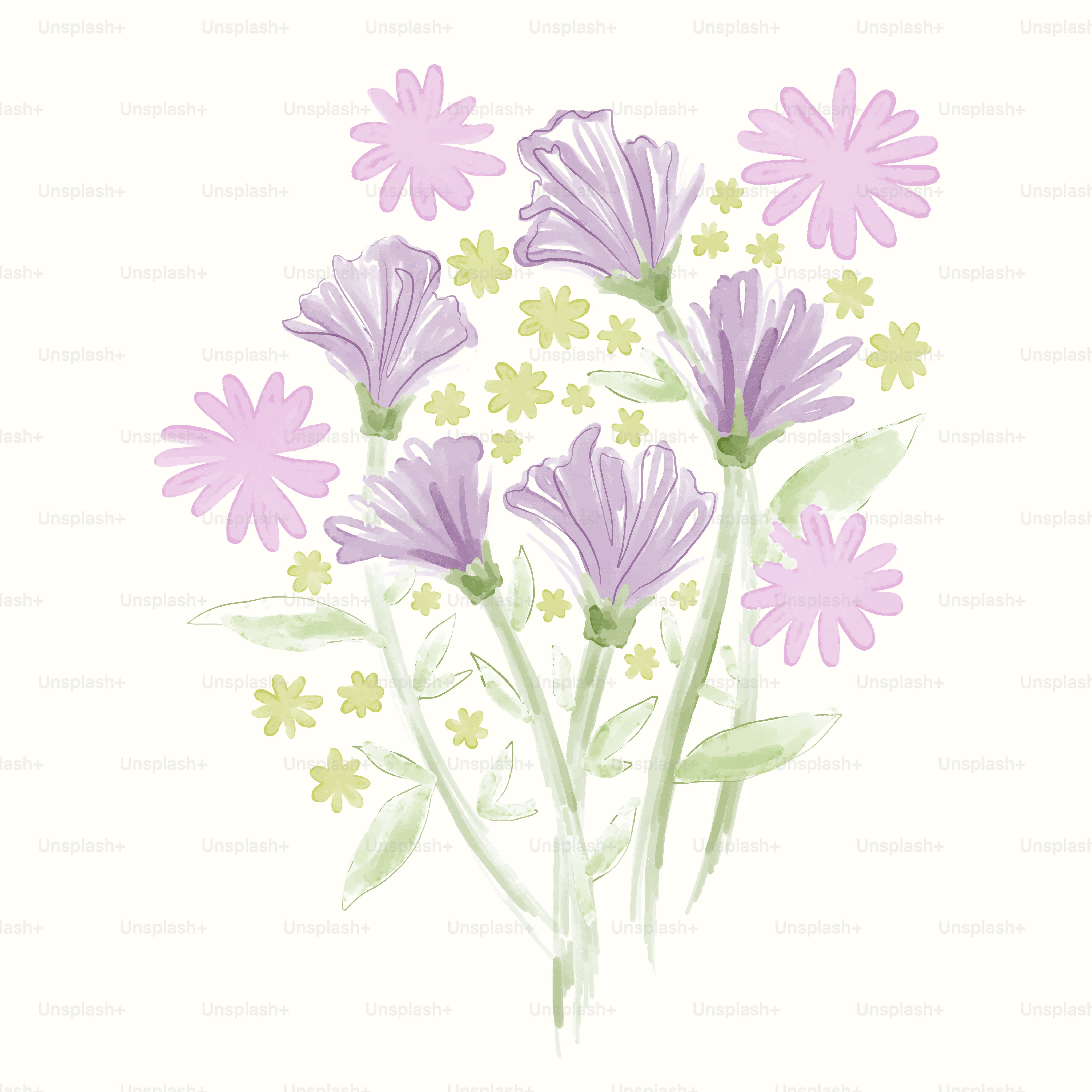un dibujo de un ramo de flores moradas