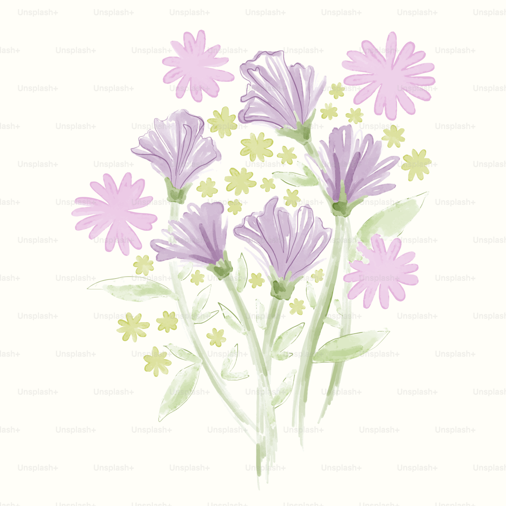 a drawing of a bunch of purple flowers