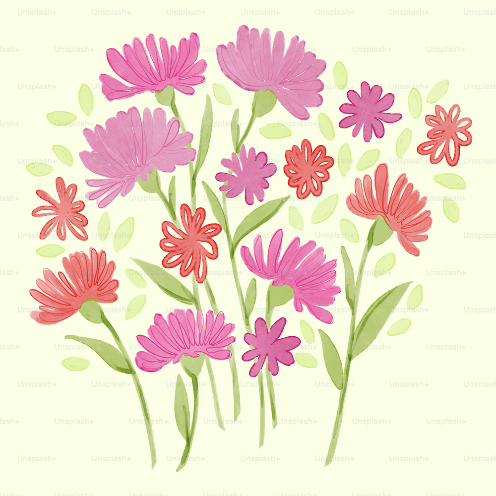 a painting of pink and red flowers on a white background
