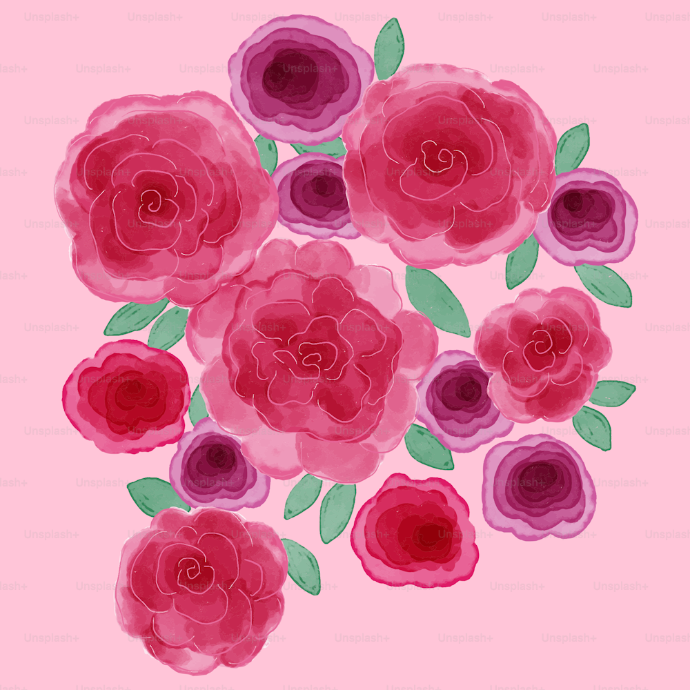 a bunch of pink and purple flowers on a pink background