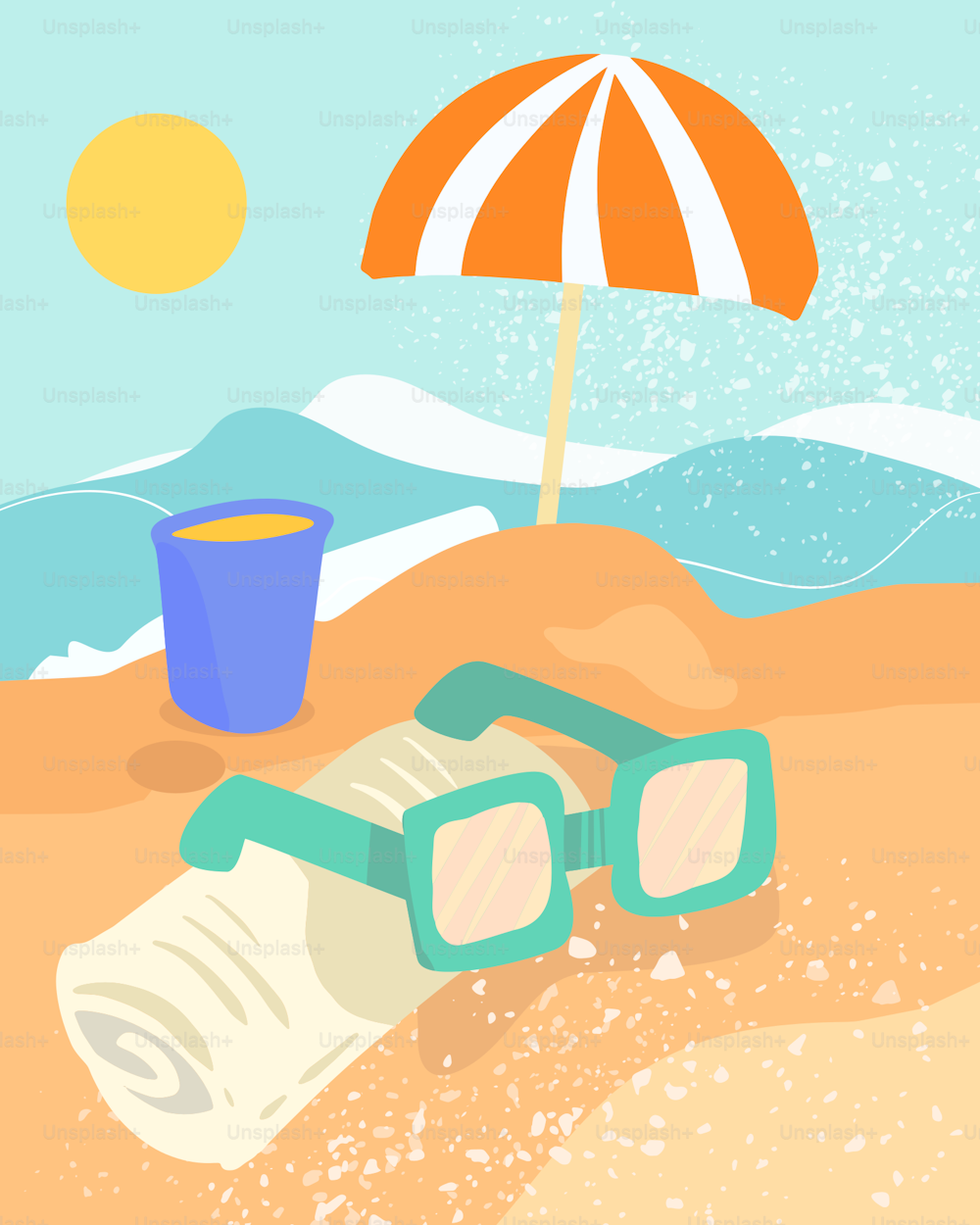 a beach scene with a beach umbrella, sunglasses and a trash can