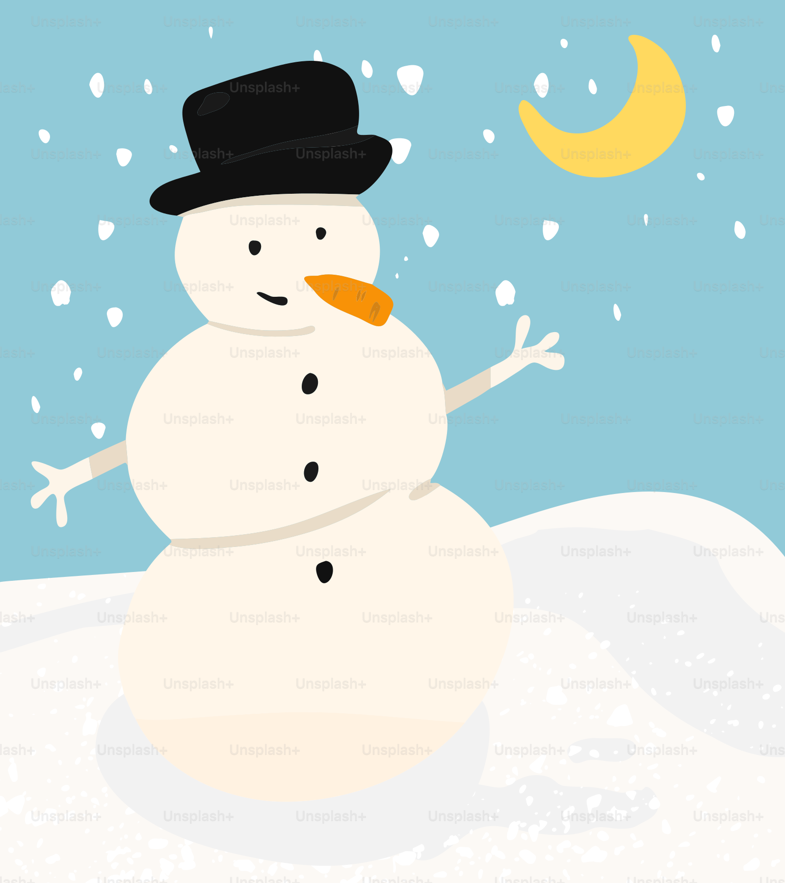 un muñeco de nieve con sombrero negro y nariz naranja