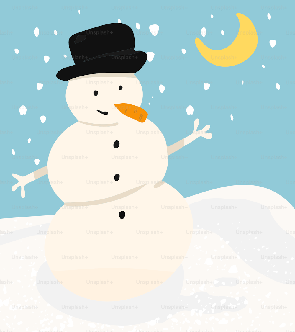 a snowman with a black hat and orange nose