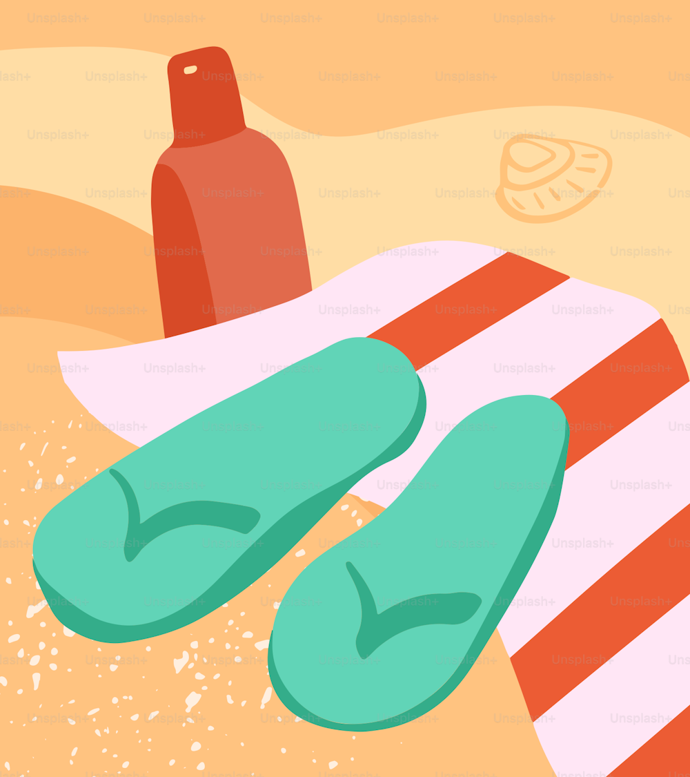a pair of flip flops and a bottle on the beach