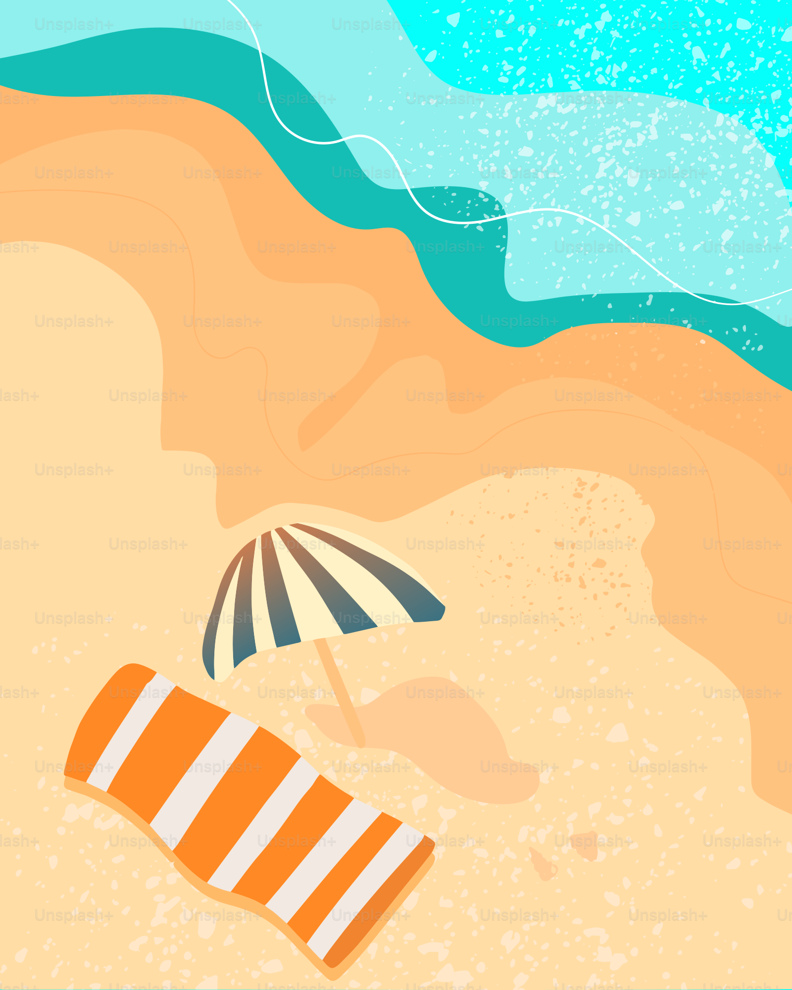 a beach scene with an umbrella and a chair