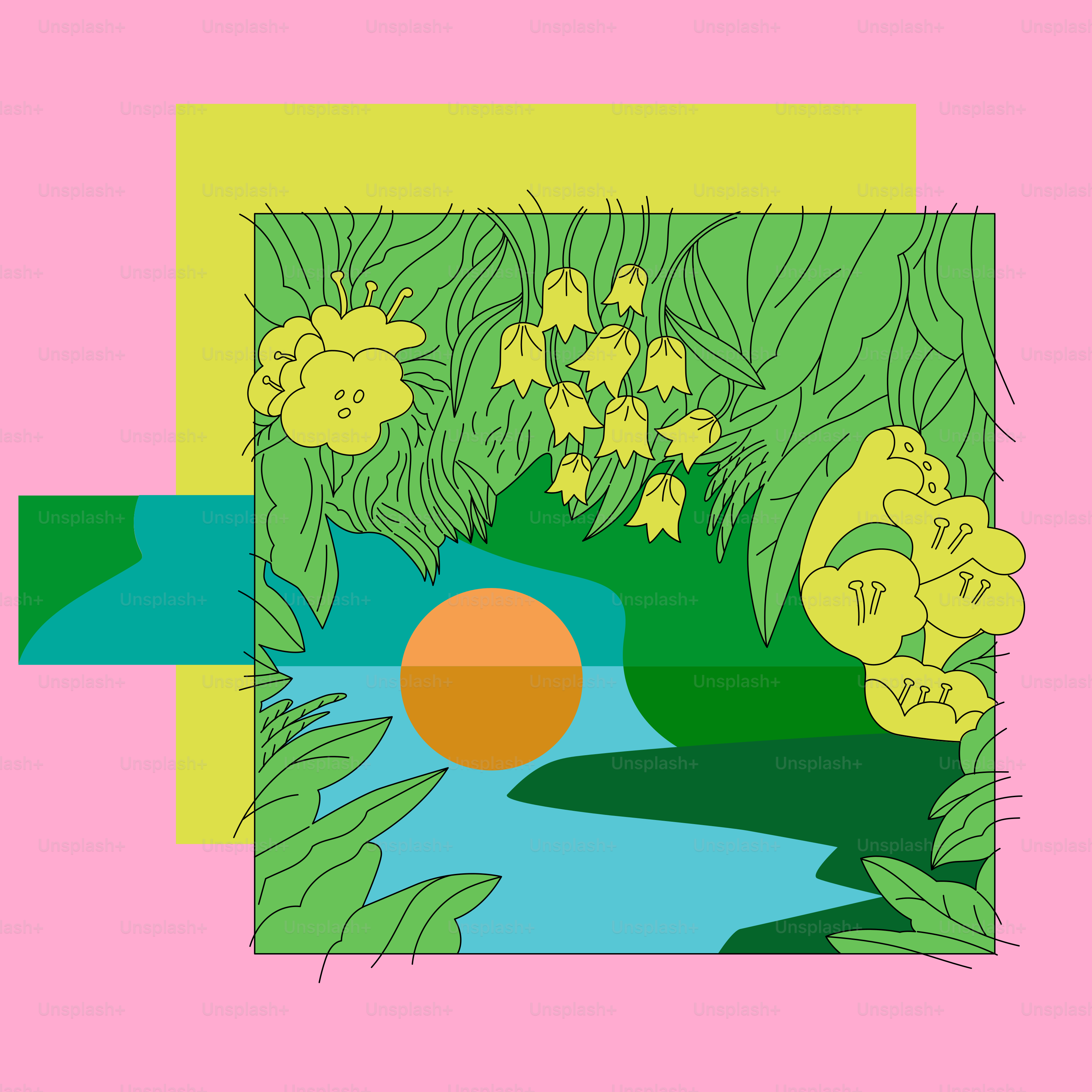 ピンク色の背景に花と川の絵