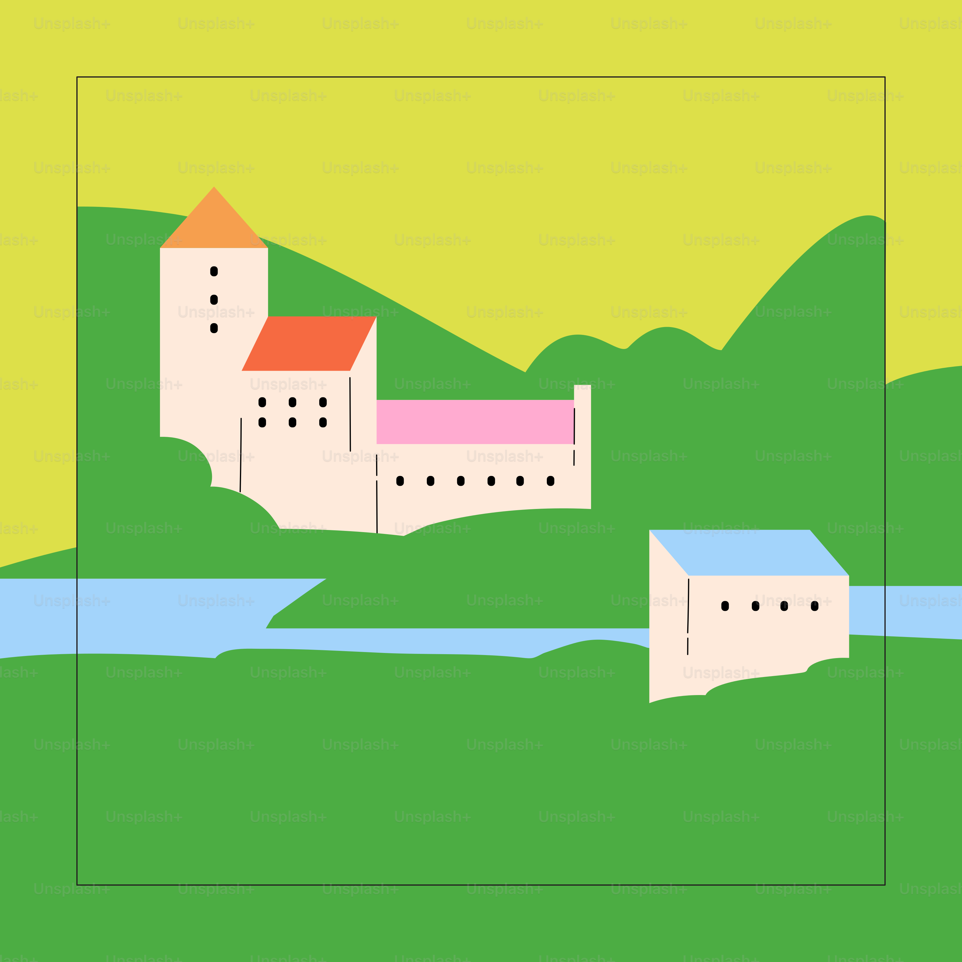 eine Zeichnung einer Burg mit einem Fluss, durch den ein Fluss fließt