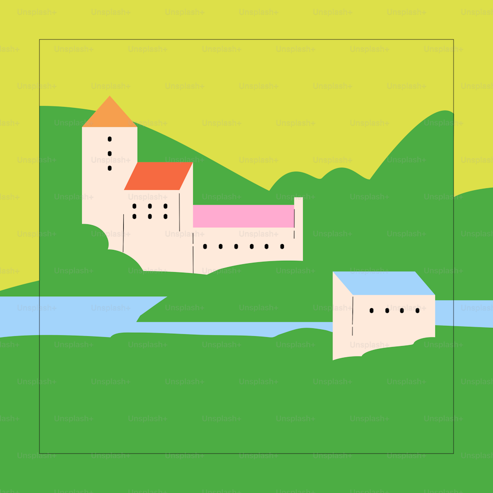 un dessin d’un château traversé par une rivière
