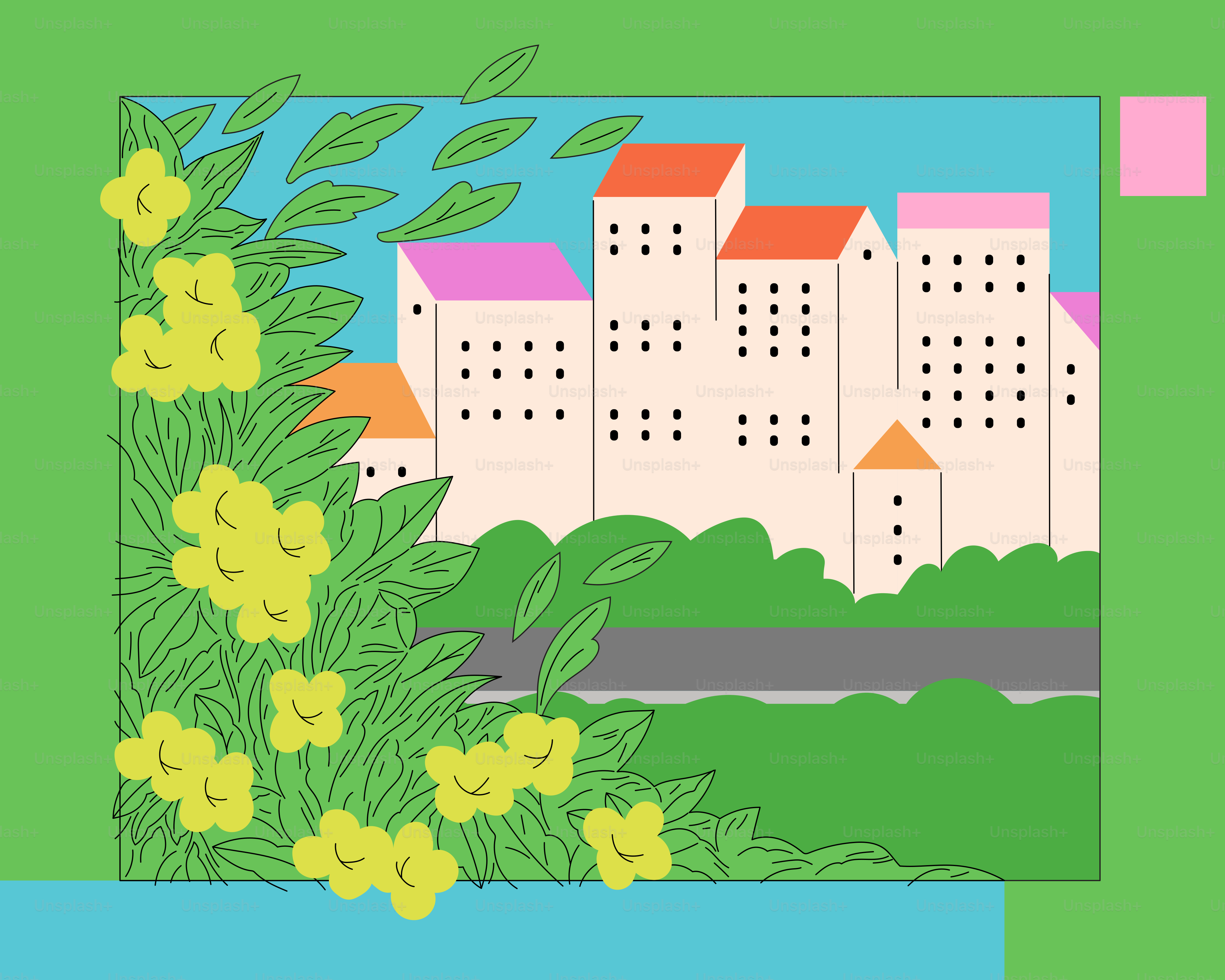 a picture of a city with flowers in the foreground