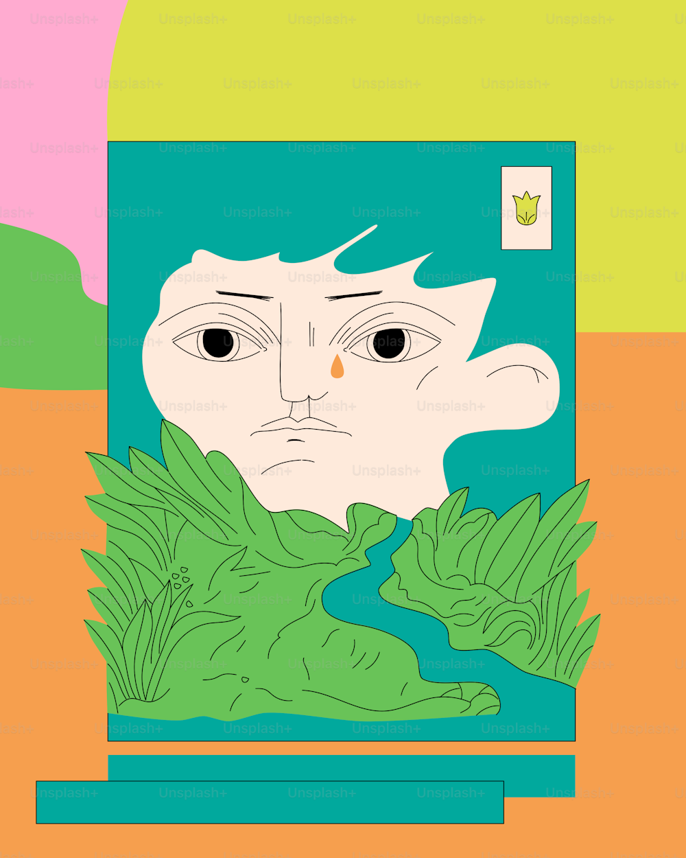 a drawing of a man's face with a green plant in front of him