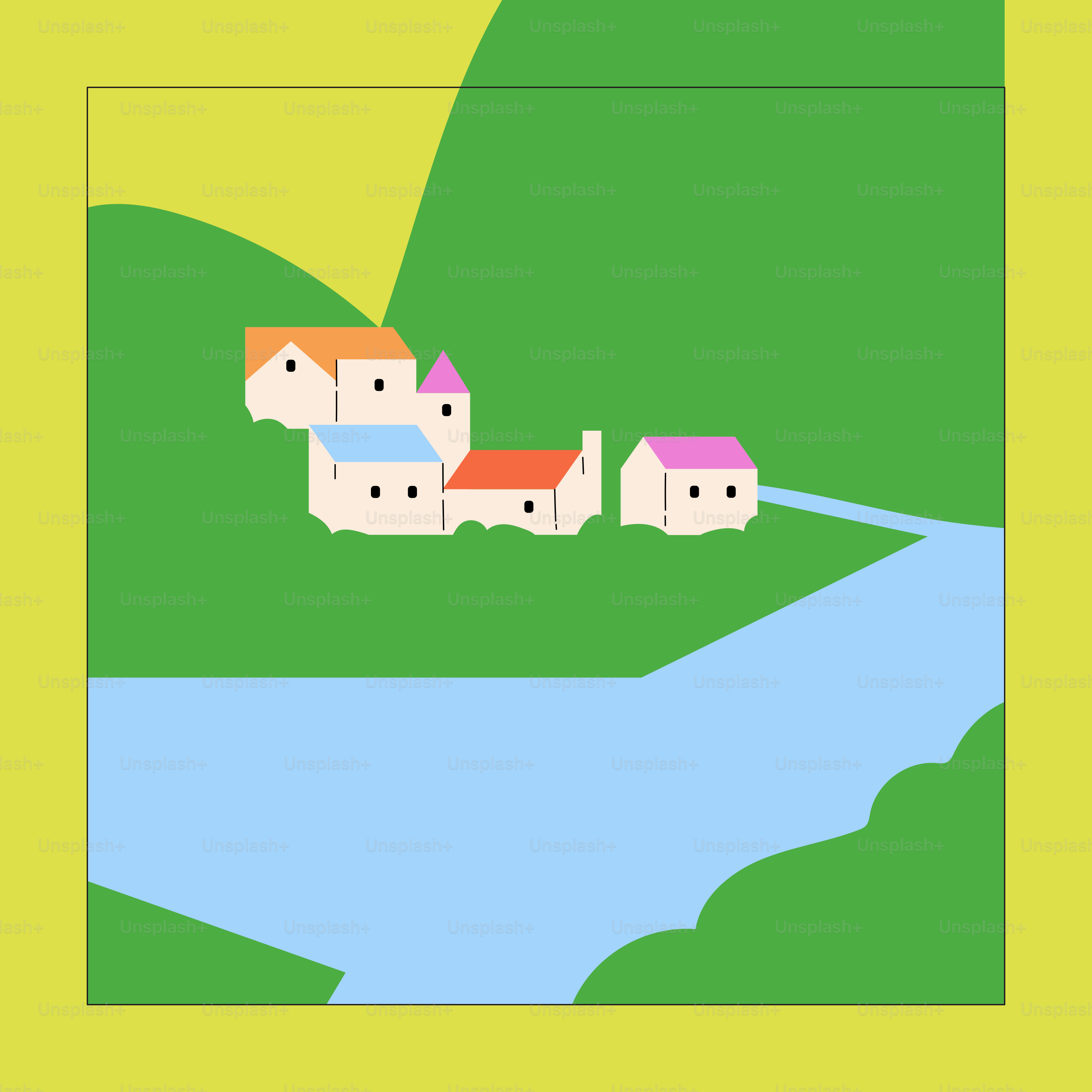 a picture of a river and some houses