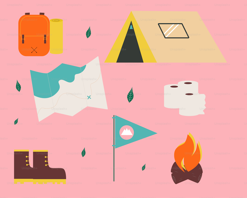 a pink background with various items that include a tent, a flag, a map