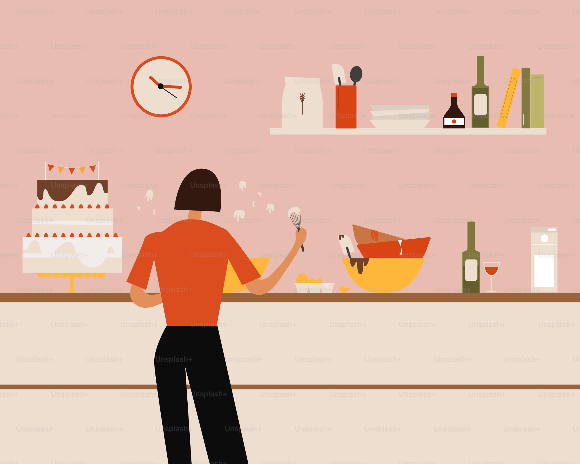 a woman standing in front of a counter with a cake on it