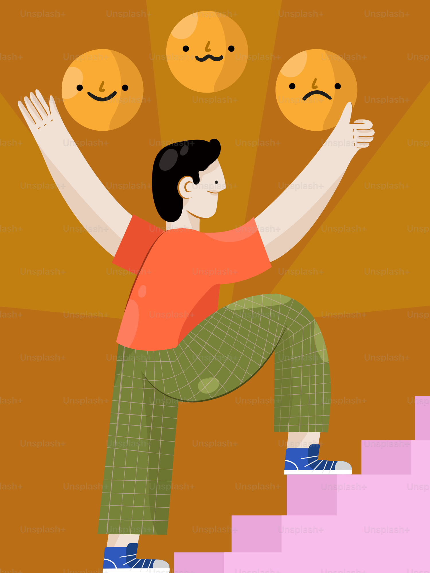 a man is standing on a stair case with his hands in the air