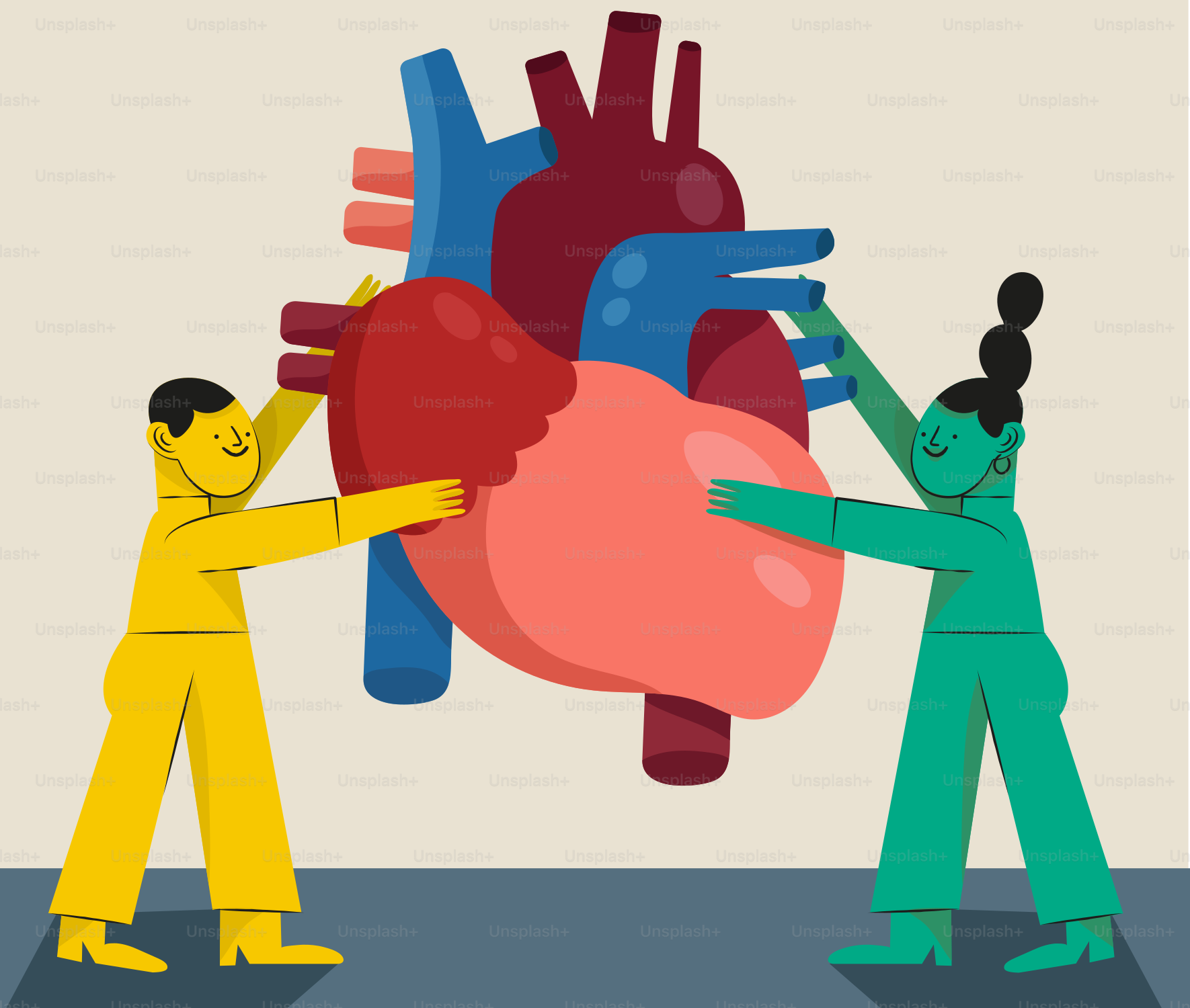 a couple of people standing next to a giant heart