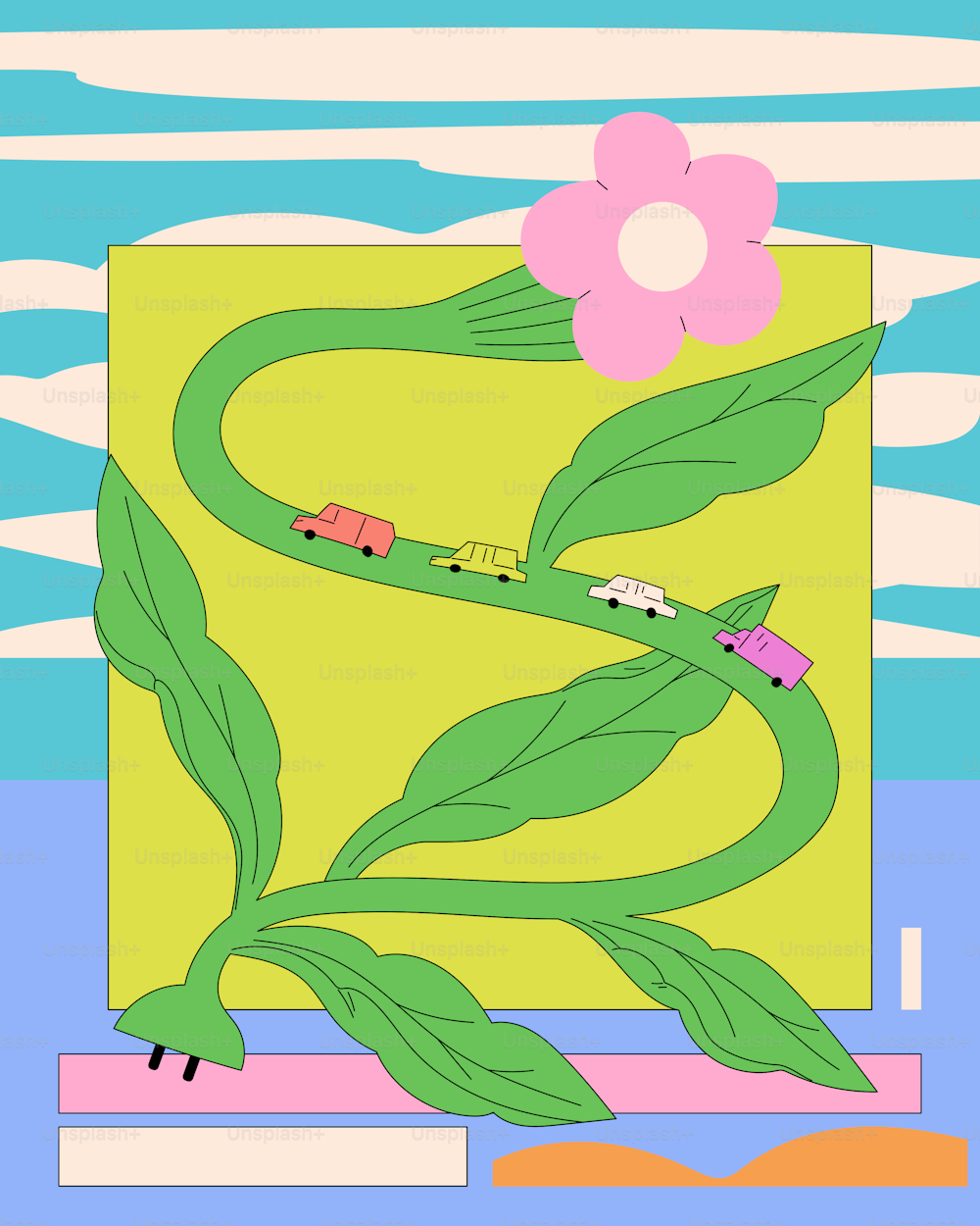 a drawing of a green plant with a pink flower on top of it