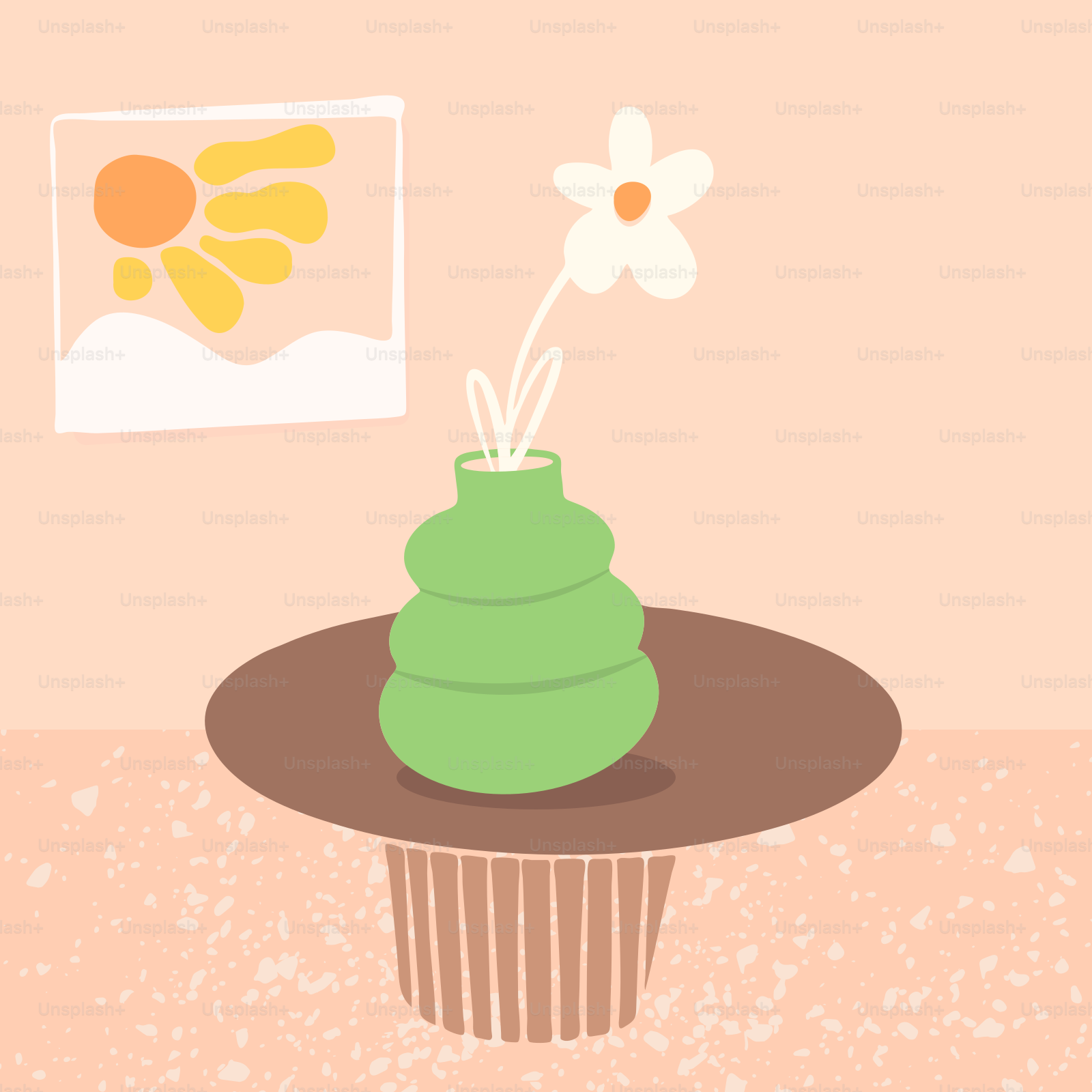 a green vase with a flower sticking out of it