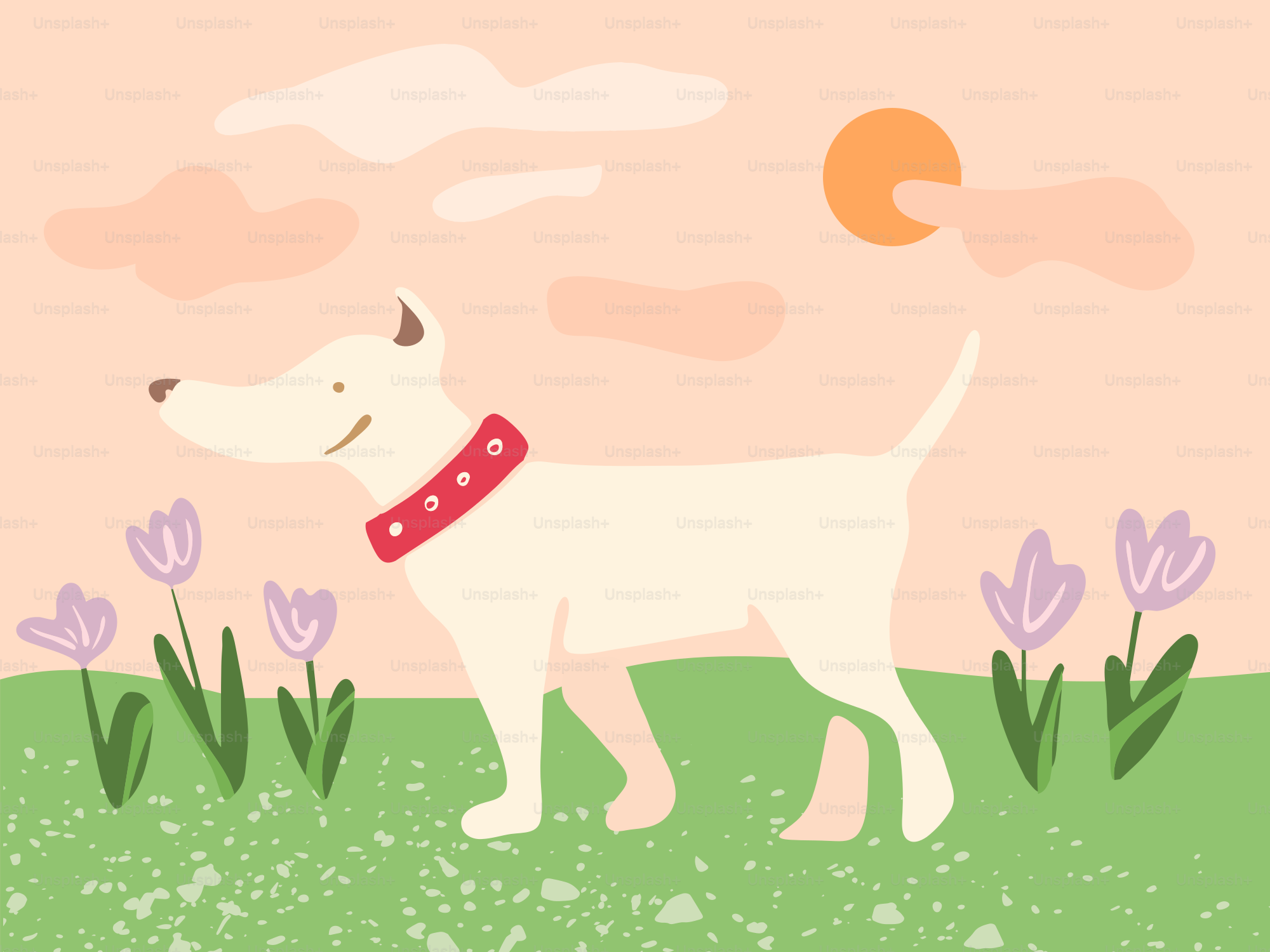 a white dog standing on top of a lush green field