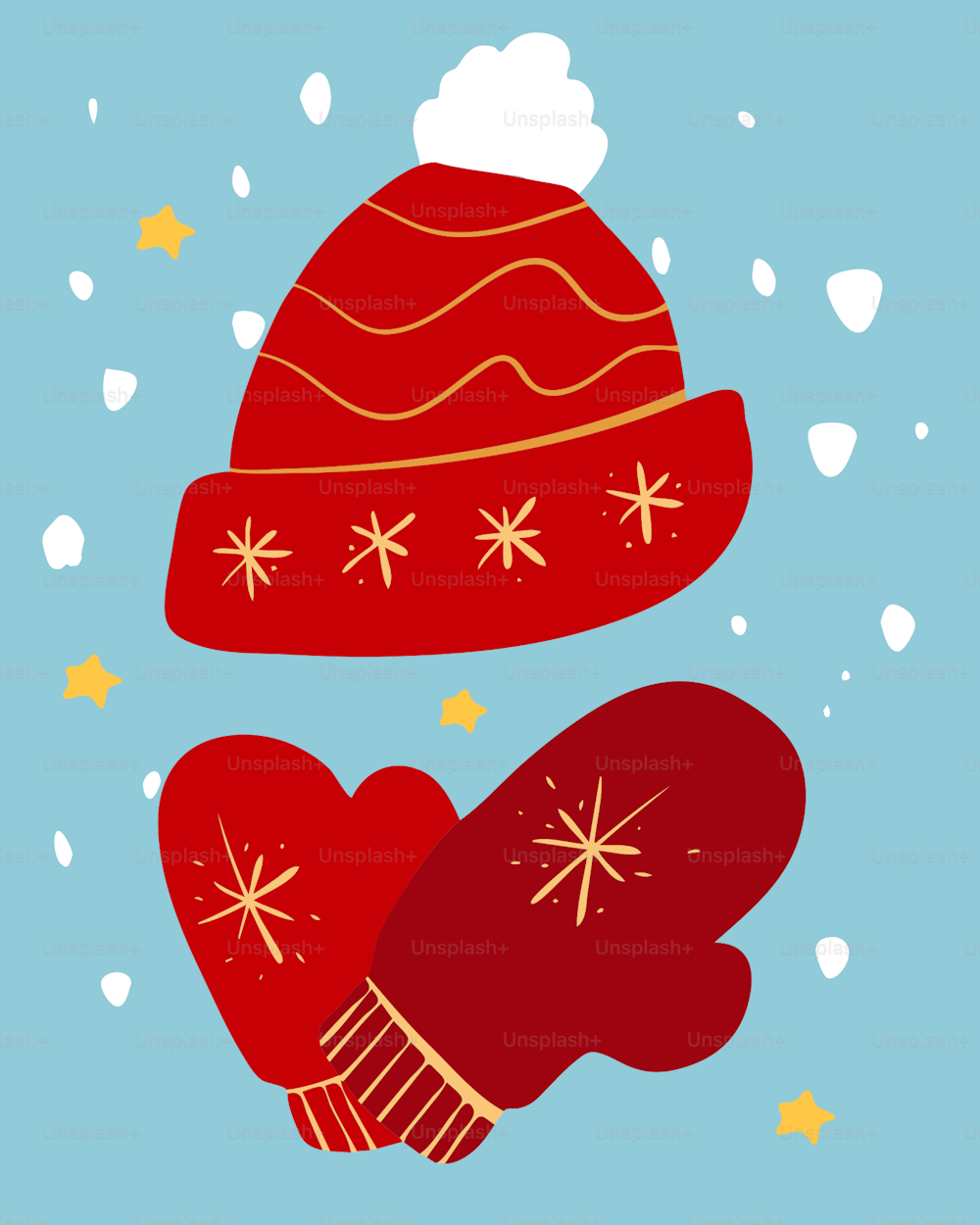 a pair of red mittens and a red hat on a blue background