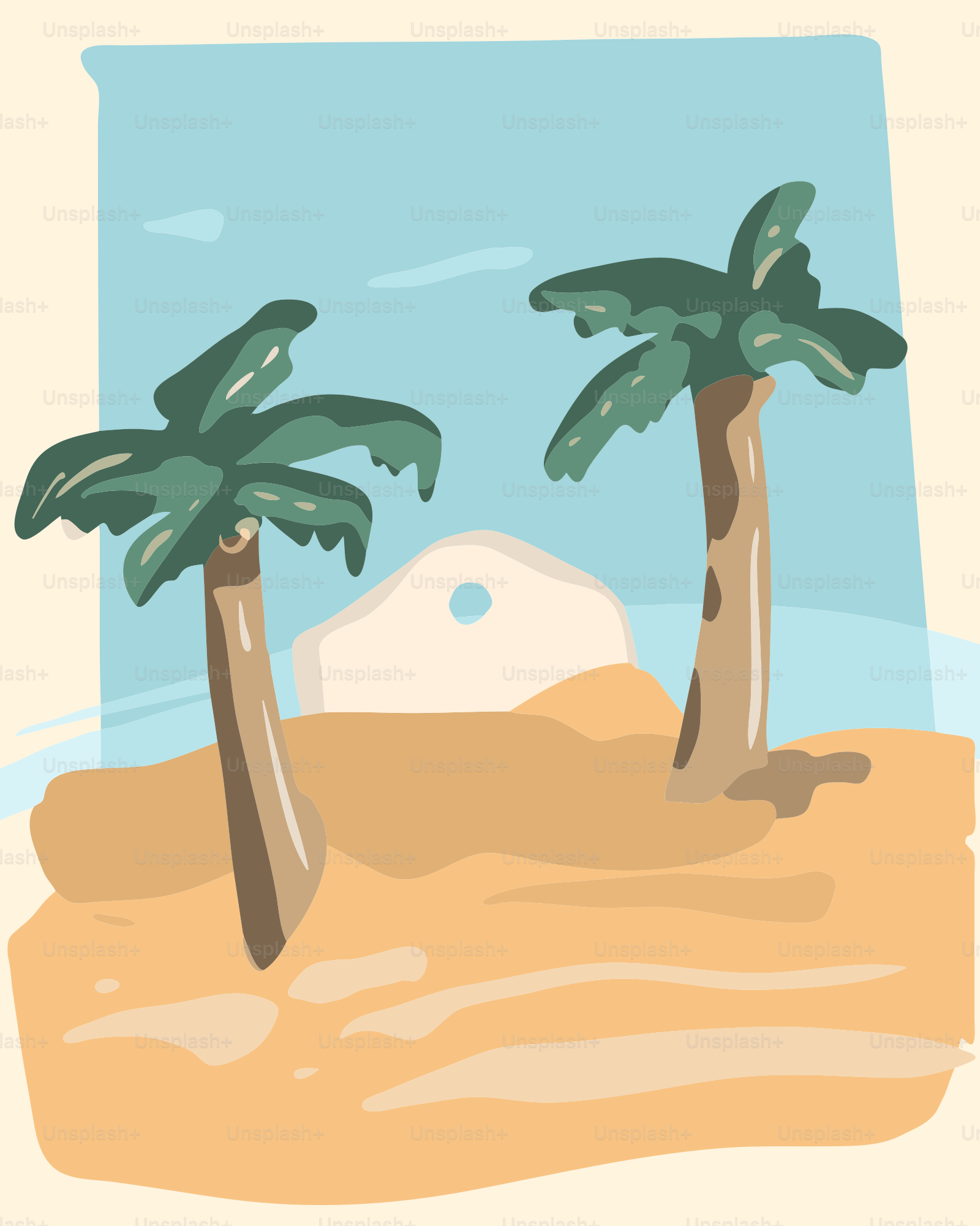 a couple of palm trees sitting on top of a sandy beach