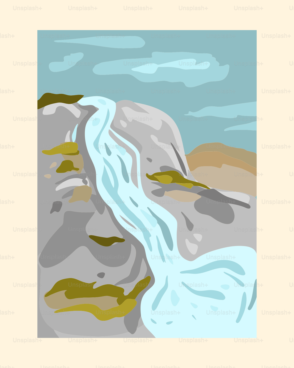 ein Gemälde eines Wasserfalls in den Bergen