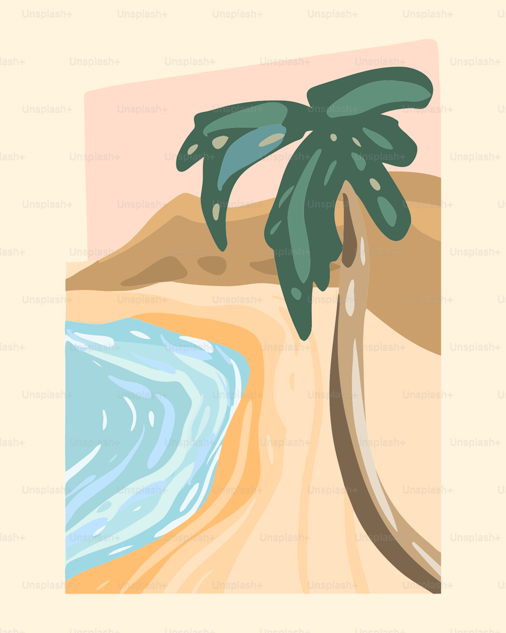 a painting of a palm tree on a beach